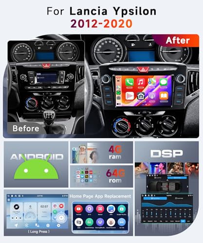 Hodozzy Carplay Car Radio for Lancia Ypsilon 2012-2020, 7 Inch Screen In-Cell Stereo Bluetooth 5.0 with Android Auto/EQ/GPS/Wifi/RDS/USB/SWC+Rear Camera