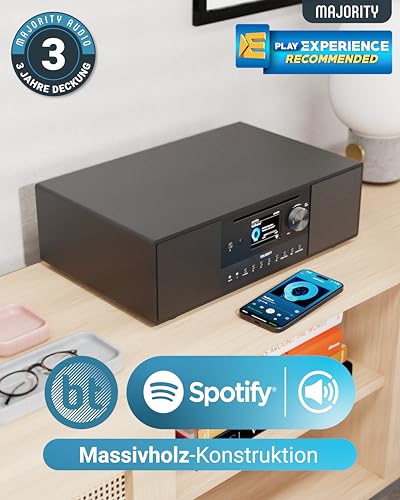 Internet Radio WLAN with CD Player, Bluetooth Stereo System with Radio DAB+ & FM, 120 W 2.1 Stereo Speaker with Built-in Subwoofer, Kitchen Radio with Spotify Connect & Podcasts, MAJORITY Quadriga