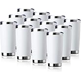 EcoMozz 20oz Tumbler Bulk Stainless Steel Vacuum Insulated Tumblers with Lid Double Wall Travel Mug, Durable Powder Coated Coffee Cup, Suitable for Ice Drinks and Hot Beverage (White 12pack)