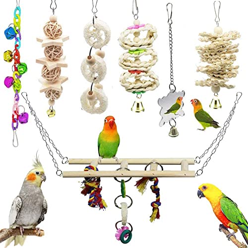 Bird Parrot Toys, ESRISE Hanging Bell Pet Bird Cage Hammock Swing Toy Wooden Perch Mirror Chewing Toy for Small Parrots, Conures, Love Birds, Small Parakeets Cockatiels