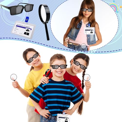 36 Pcs Kids Spy Kit Detective Toy Set Including 12 See Behind You Sunglasses 12 Secret Agent Name Tags 12 Black detective Mmagnifying Glass for Spy FBI Cosplay Escape Room Detective Party Supplies