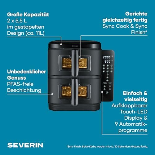 Duo Stack Heißluftfritteuse, 2 x 5,5 L Garraum, 2 Kammern, gesundes Kochen, 9 Automatik-Programme, Fritteuse ohne Fett, platzsparendes Design, doppelstöckig, S-Fry, 2800 W, schwarz, FR 9598