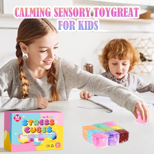 24 Pack Slow Rising Ice Cube Squishy Stress Balls，Stress Cube for Adult Kid | Bulk Taba Squish Fidget Toys, Square Squeeze Toy for Classroom Prizes, Glitter Mini Nice Cube Squishy for Party Favors