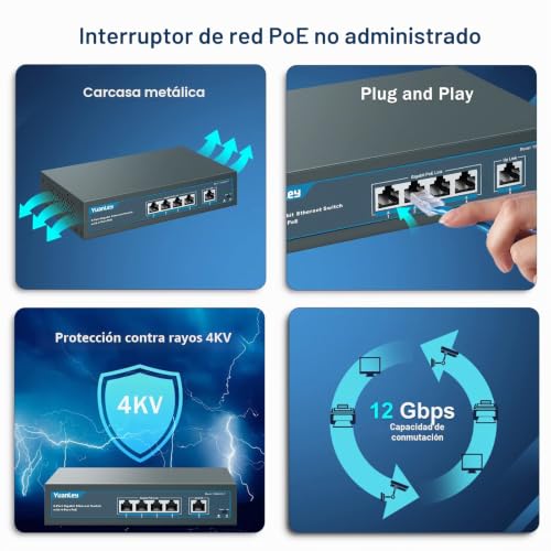 YuanLey 5 Port Gigabit PoE Switch with 4 Port PoE+, 802.3af/at 78W Built-in Power, Fanless, Metal, Unmanaged Plug & Play