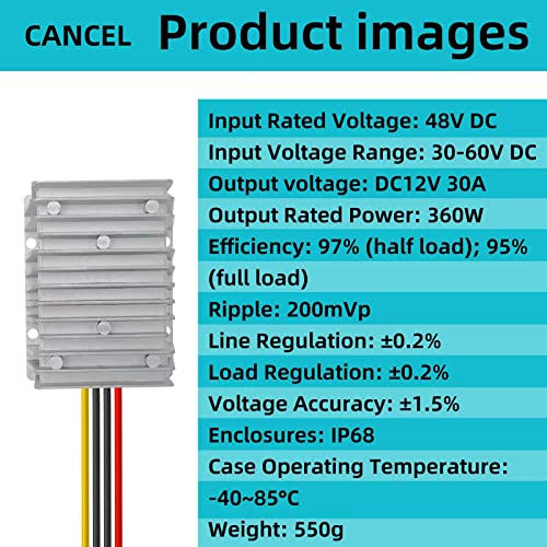 DC 36V/48V Step Down to 12V 30A 360W Converter Regulator Power Supply Module Buck Transformer, Waterproof Voltage Reducer for Golf Cart, forklifts Car
