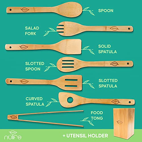 NULIFE Deluxe Cooking Utensils Set with Holder and Grill Tongs (7