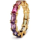 QUSIIOSLK 14K Gold Plated Rainbow Baguette Cubic Zirconia Ring Multicolor Square Crystal Eternity Finger Ring for Women Anniversary Birthday Jewelry Gift Size 6-10 8