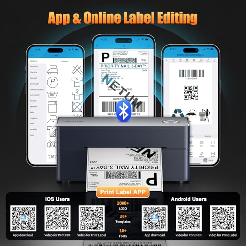 NETUM Bluetooth and USB Thermal Label Printer, 100 x 150 mm, High Speed Direct Thermal Printer for Shipping Labels, Barcodes, Compatible with Amazon, Etsy, Logistics and Warehouse