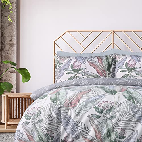 Sleepdown, Set da letto reversibile con copripiumino e federe, 100% puro cotone, grigio con motivo tropicale e foglie, trapuntato, morbido e facile da pulire, per letto matrimoniale (200 x 200 cm)