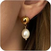 Pearl Earrings for Women, Trendy 14k Gold Plated Drop Hoop Pearl Earrings Dainty Freshwater Leaf Bow Pearl Dangle Earring Elegant Hypoallergenic Bridesmaid Gold Pearl Earrings Wedding Jewelry for Women
