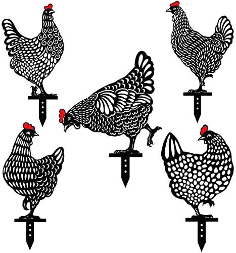 Hen Yard Artwork Backyard Garden Flooring Ornament Decoration Hole Out Animal Formed Decor Sculpture Artwork Rooster Hen Silhouette Statue Crafts for Out of doors Lawns Gardens Yard, Set of 5