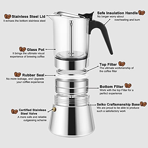 Grasseed Luxurious Crystal Glass & Stainless Steel Moka Pot, Stovetop Espresso Maker for