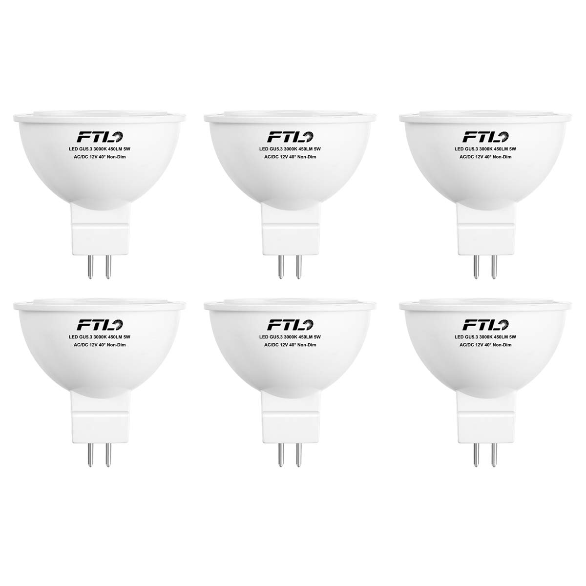 FTL MR16 LED Bulbs, 12V GU5.3 LED Light Bulbs Warm White 3000K, 5W 450lm 50W Halogen Equivalent, Non-Dimmable, 40 Degree Beam Angle Spotlight, 6 Pack