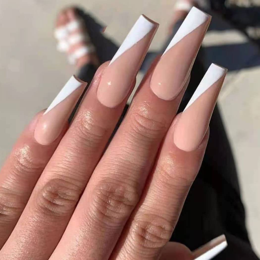 Handcess Coffin French False Nails Nude Pink Fake Nail Glossy Long Press on Nails Ballerina Acrylic Stick on Nails for Women and Girls(24pcs)