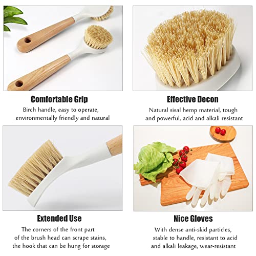 Kitchen Brush Set, Cleaning Brush for Pots and Dishes, Includes Brushes with Replace Brush Heads, Wooden Sisal Brush, Gloves, Pot Friendly Scrubber Set, Housework