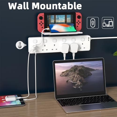 WLV Extension Lead 3M, 5 Plug Extension Lead with 3 USB Slots, Plug Extension Socket with Individually Switch, White Wall Mounted Power Strip for Dorm, Kitchen, Living Room, Bedroom