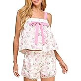 Argeousgor Womens Tie Shoulder Pajama Sets Y2k Ruffle Hem Peplum Top Floral Coquette Pjs Babydoll 2 Piece Shorts Set Lounge