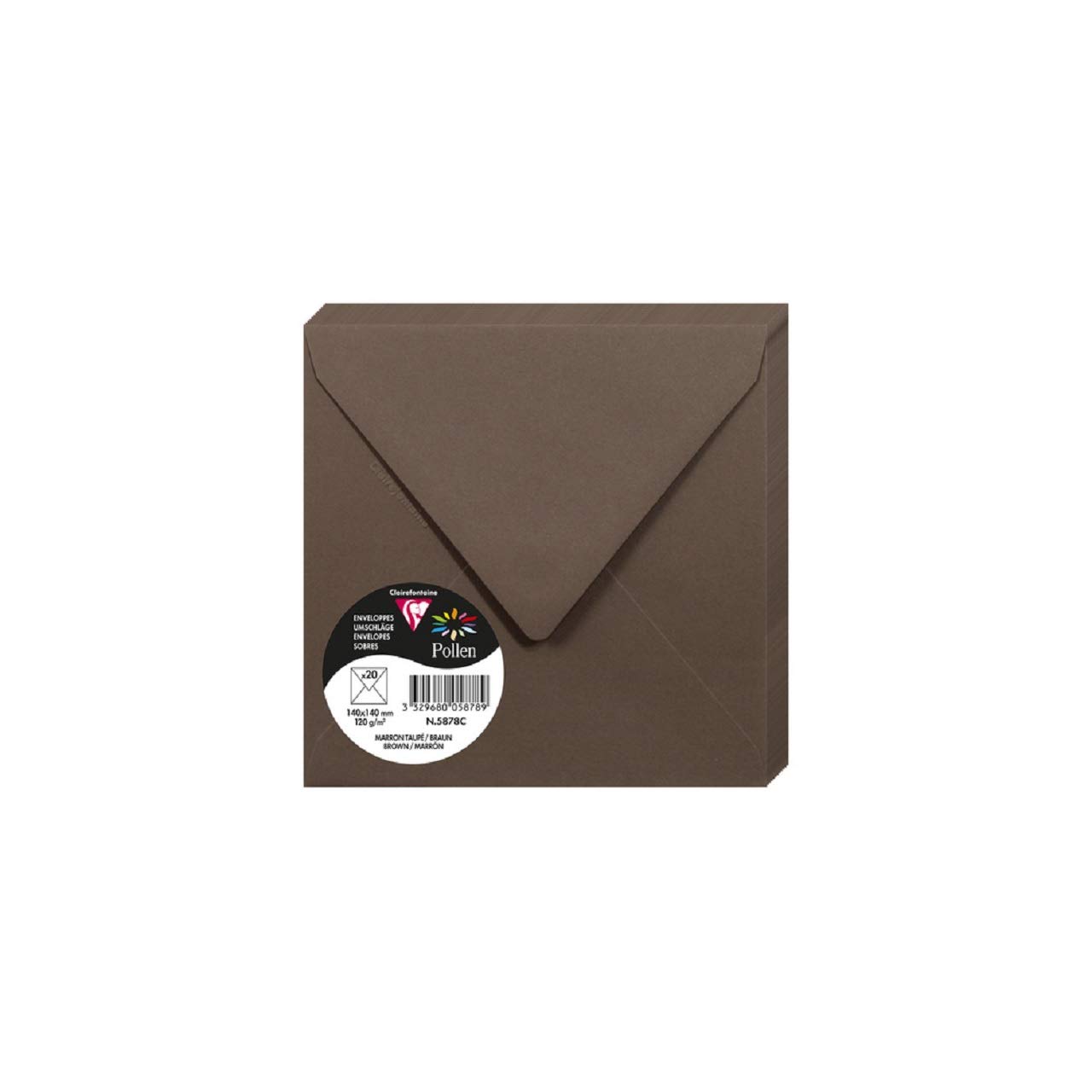 Clairefontaine 5878C Pack of 20 Gummed Envelopes Square Format 14x14cm 120g/m² Brown Invitation Events Correspondence - Pollen Range - Premium Smooth Paper