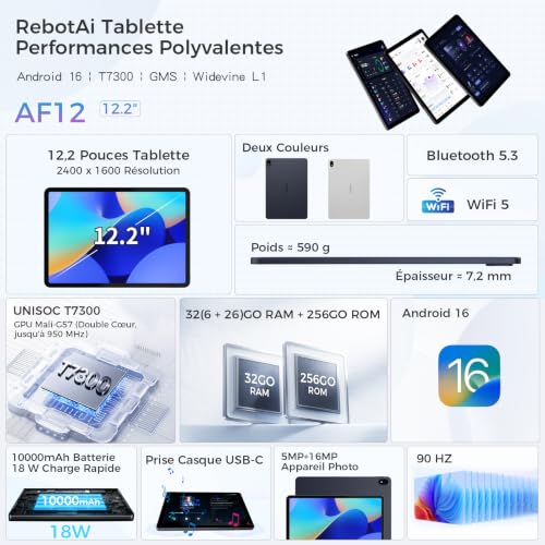 RebotAi 12.2 Inch Android 16 Tablet, 32GB RAM+256GB ROM, Octa-Core T7300, 2400 x 1600 IPS, 10000 mAh Touch Tablet 5MP+16MP/Widevine L1/Gemini AI/IP54 Waterproof