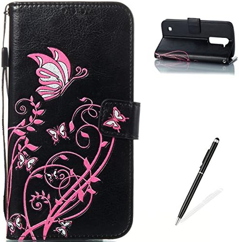 MAGQI LG K7 Case,Soft Durable PU Premium Leather Wallet Rose Butterfly Embossed Flower Pattern Cover Phone Stand Flip Book Style Protective Shell + Free 2 in 1 Stylus