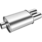Catekro Exhaust Muffler Y Pipe 2.5" Inlet 3" Dual Outlet 21.3" Length | Silver Stainless Steel Performance Muffler Deep Sound Universal Fit for Car/Truck/SUV Reduce Noise &amp; Improve Flow Replacement