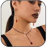 Asiamist Gothic Blood Necklace Earrings Set Vintage Blood Drop Earrings Goth Red Crystal Y Necklace Halloween Jewelry Set for Women
