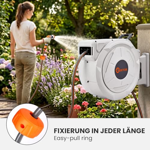 Bietor Hose Reel Water 45 m + 2 m, 180° Swivelling Wall Hose Box, Automatic Garden Hose Drum with 10 Functions Garden Shower for Watering, Car Washing