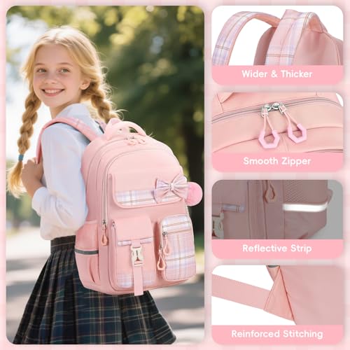 Tanou Girls Primary School Bag, Waterproof Daypack School Backpack for Teens, Kawaii Checked School Bag for Girls 9-16 Years Old for Travel