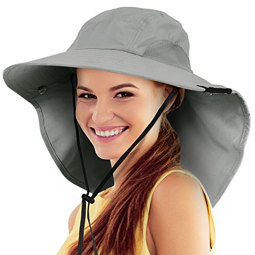Safari Sun Hats for Women Fishing Hiking Cap with Neck Flap Wide Brim Hat Grey