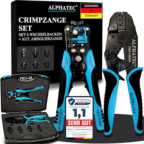 ALPHATEC® Crimpzange Set mit Wechselbacken inkl. automatische Abisolierzange - [0,25-10mm²] - Crimpzange Kabelschuhe, Aderendhülsenzange, Flachstecker, MC4 Zange PV Solar - Krimpzangenset 8-teilig thumbnail 1