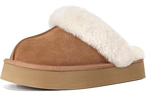 OOW Fuzzy Platform Slippers for Women - Women's Casual Winter House Slippers - Brown, Faux Fur & Shearling Blend - Women's Size