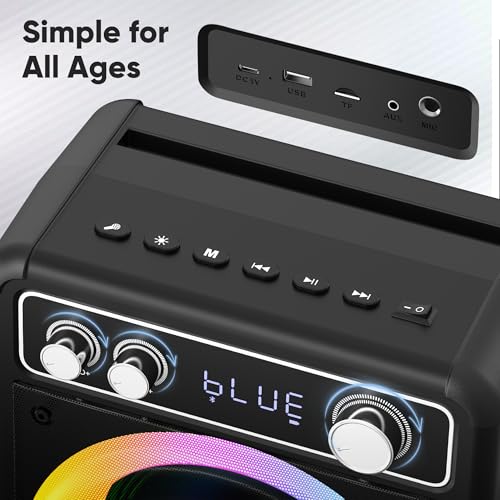 VOSOCO Karaoke Machine with 2 Wireless Microphones, Portable Bluetooth Speaker for Adults Kids, PA Systems Support TWS Echo Adjust TF USB AUX for Home Party Outdoor Travel