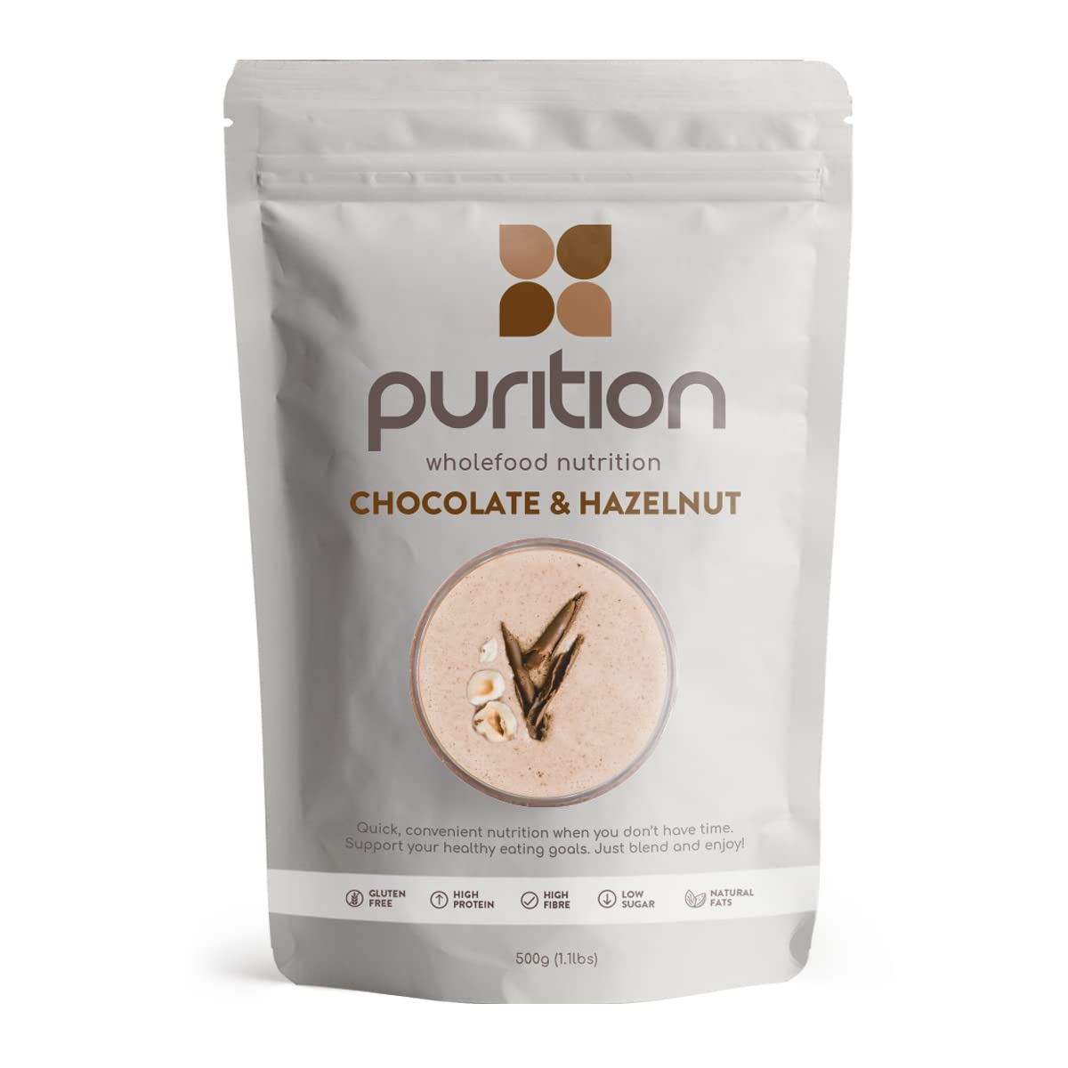 Purition Chocolate & Hazelnut – High Protein Wholefood Shake | 500g Natural Meal Replacement with Whey Protein for Keto Diet, Weight Loss & Healthy Breakfasts | 12 Servings