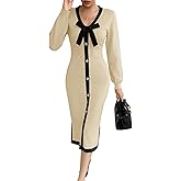 Wenrine Womens V Neck Sweater Dress Fall Long Sleeve Button Knit Bodycon Color Block Bow Tie Elegant Midi Dresses