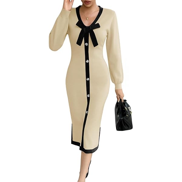 English Factory Women's Knit Midi Dress with Ribbon Tie, Cream/Black, XS at  Amazon Women's Clothing store