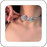 Yheakne Vintage Silver Rose Flower Choker Necklace Fabric Rose Collar Necklace Short Silver Cord Necklace Silvery Rose Thin Cord Necklace Jewellery for Women