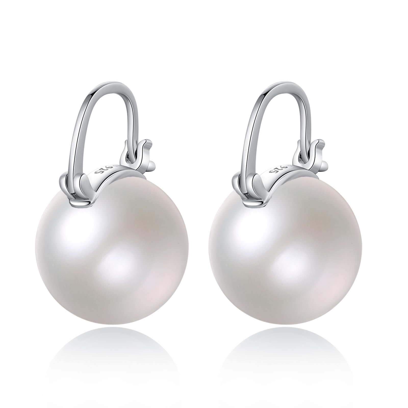 925 Sterling Silver Pearl Earrings for Women, 12mm Big Pearl Drop Earrings Dangle Hoop for Mother