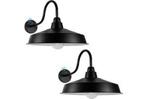 Diyel Dusk to Dawn Gooseneck Barn Light Outdoor, 16 Inch Dome Large Farmhouse Exterior Light Fixture Wall Mount, Industrial Outdoor Wall Sconce Outside for House, Shop, Porch, Garage, Black, 2 Pack
