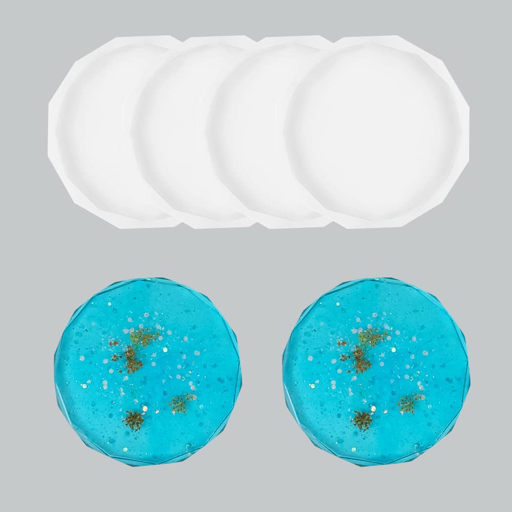 4Pcs Silicone Coaster Mould Coaster Mold for Resin Cup Mats Mould Epoxy Casting Mould Diamond Edge Round Coaster Mould for Epoxy Resin DIY Craft