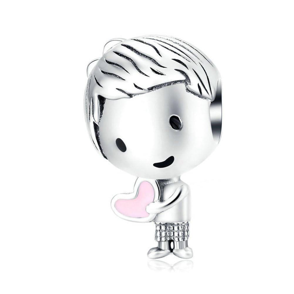 Boy Charm 925 Sterling Silver Child Charm Birthday Charm Family Friendship Mom Charm Flower Birthstone for Pandora Charm Bracelet (Boy A)