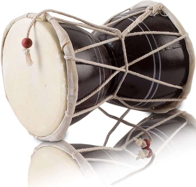 15 cms Small Handmade Traditional Authentic Wooden & Leather Classical Indian Folk Dumroo Damroo Damaru Hand Drum Percussion Instrument Set, Decorative Collectible Showpiece World Musical Instruments