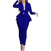 Women's Two Piece Outfits Sets Long Sleeve Deep V Neck Ruffle Pelplum Blazer Slim Fit Bocycon Long Pants Business Suit Set