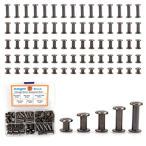 Alloypro 90 Set Chicago Screws Assorted Kit 5 Size GunMetal Leather Rivet 5mm Screw Rivets Flat Fillister Book Bingding Post Nail Rivet Chicago Bolt for DIY Leather Craft Bookbinding (6,10,12,15,18mm)