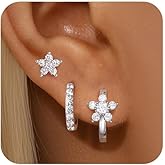 GEORGE · SMITH Gold Flower Earrings for Women, 925 Sterling Silver Flower Stud Cartilage Earring Set, Cubic Zirconia Earring Sets for Multiple Piercing, Dainty Gold Stud Earrings Set