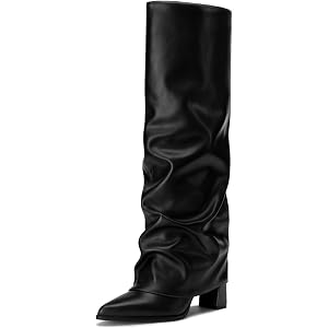 Athlefit Knee High Boots Women Chunky Fold Over Tall Boots | PU Leather, 3.17-inch High Heel, Pointed Toe, Inner Zipper, Slou