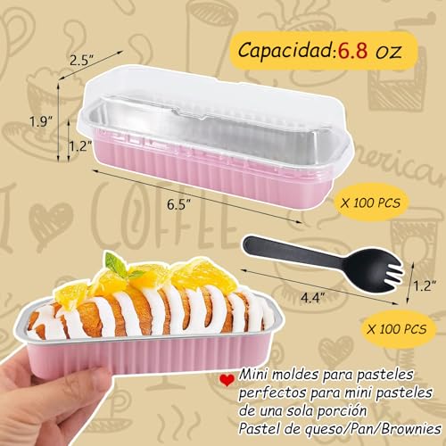 Moldes para pasteles con tapa, 100 mini moldes para pan de aluminio, 100 cucharas de postre con tapa, reutilizables, 6.8 oz, 200 ml, horneables, aptos para pasteles, brownies (rosa)
