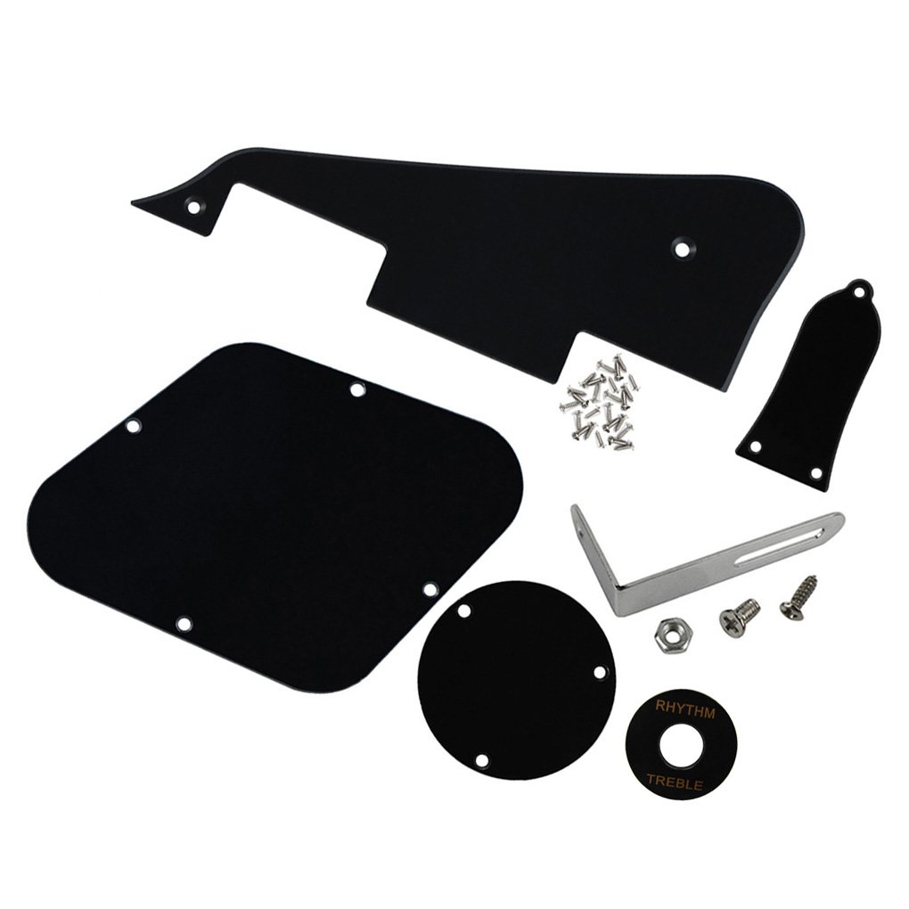 FLEOR Set of LP Pickguard/Control Backplate/Selector Switch Cover/Toggle Switch Ring/Truss Rod Cover/Chrome Bracket/Mounting Screws for LP Standard Guitar, 1Ply Black