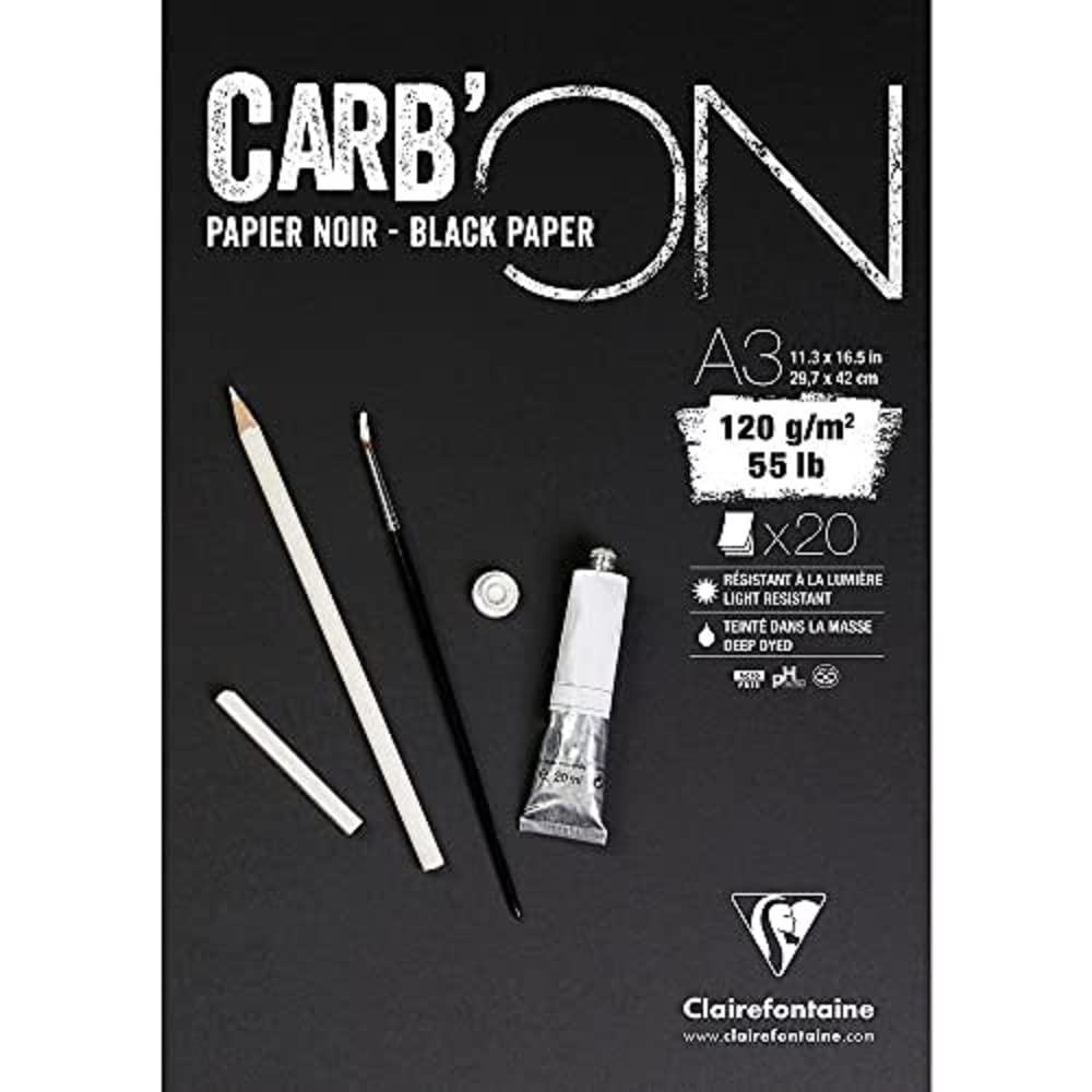 Clairefontaine - Ref 975040C - Carb'On Black Glued Paper Pad (20 Sheets) - A3 (420 x 297mm) Sized, 120gsm Paper, Acid Free, pH Neutral - Suitable for Pencil, Felt Tip, Chalk