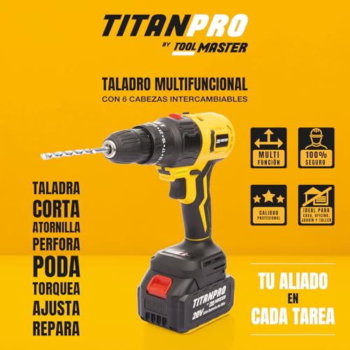 ToolMaster Taladro Inalámbrico Recargable Kit 6 en 1 Premium Titan Pro con 16 piezas Cabezales Intercambiables Taladro, Desarmador, Cortadora Incluye Caja De Herramientas