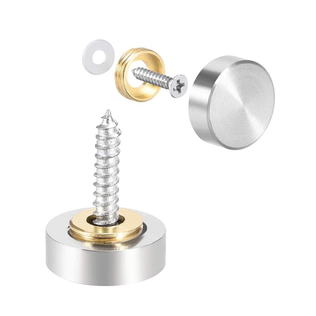 TOP-VIGOR 8Pcs Mirror Screws, 16mm Mirror Screws Cap Nail with Washers, Decorative Cap Covers Brushed Mirror Nails for Mirrors, Furniture Fittings, Tables, Wardrobes, Glass, Silver